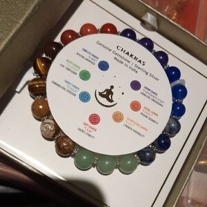 Genuine Multi Gemstone Stretchy Beaded Bracelet Solid Sterling Silver Beads